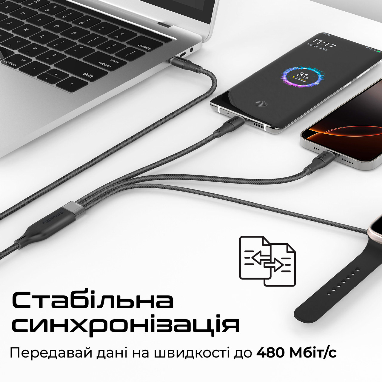 Кабель PROMATE Fusion-CCW USB-C to Dual USB-C/Apple Watch Charger 1.4м Black