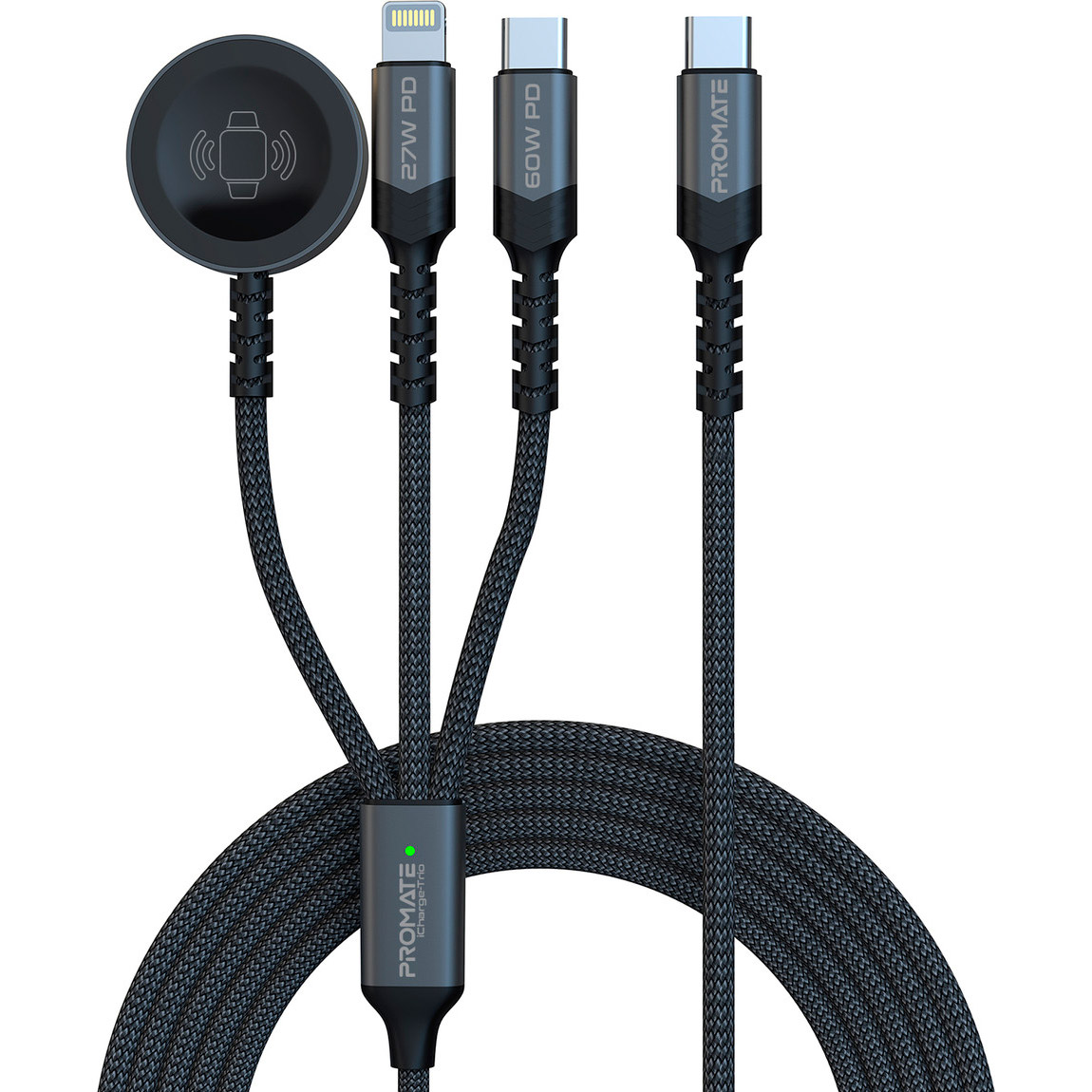 Кабель PROMATE iCharge-Trio USC to Lightning/USB-C/Apple Watch Charger 1.5м Black