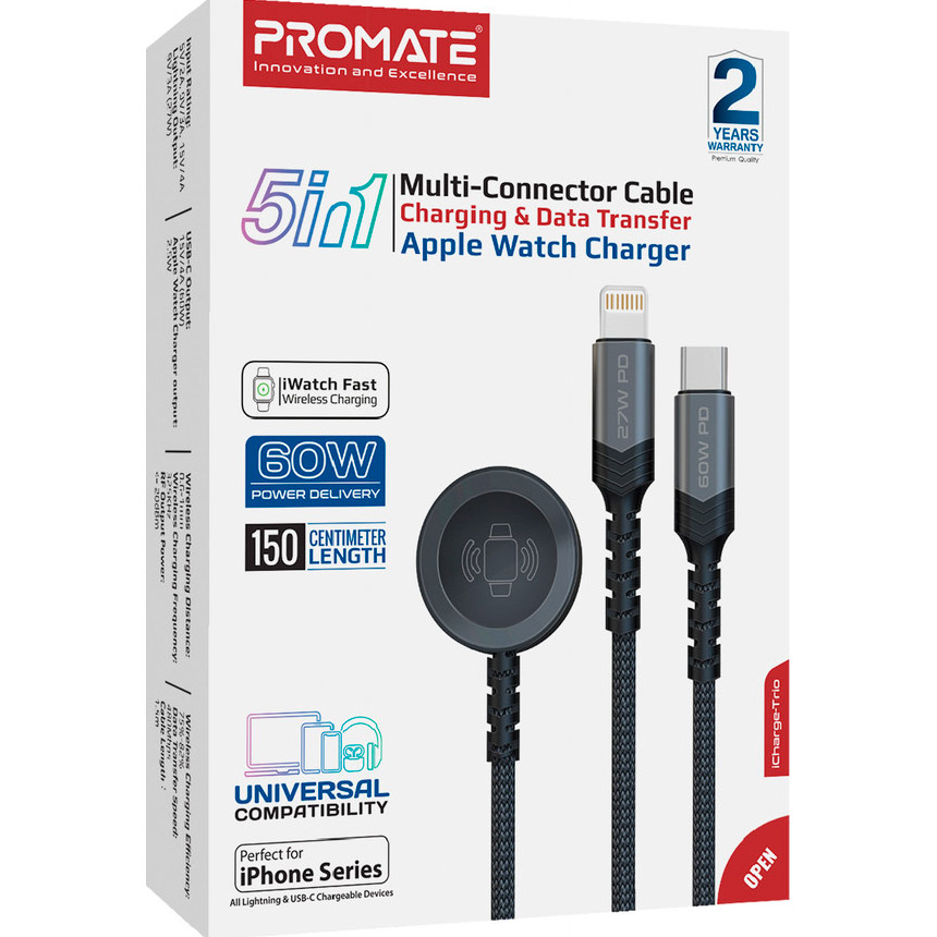 Кабель PROMATE iCharge-Trio USC to Lightning/USB-C/Apple Watch Charger 1.5м Black