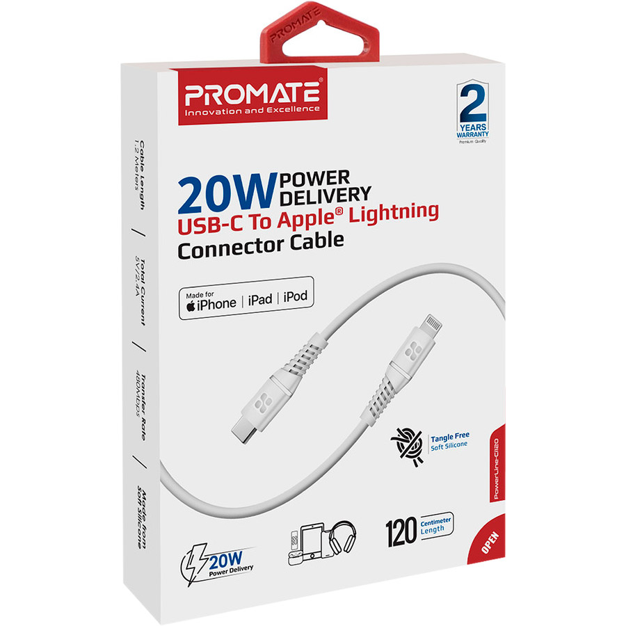 Кабель PROMATE PowerLine-Ci120 USB- C to Lightning PD 20W 1.2м White