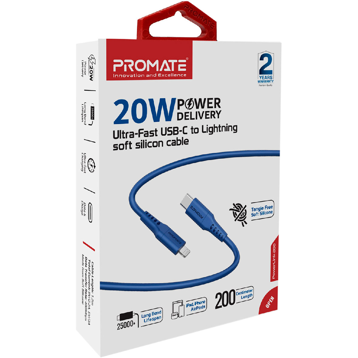Кабель PROMATE PowerLink-200 USB-C to Lightning 2м Blue