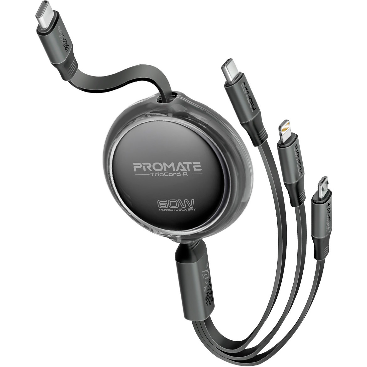 Кабель PROMATE TrioCord-R 3-in-1 USB-C to USB-C/Lightning/Micro-USB PD 60W 1.1м Black