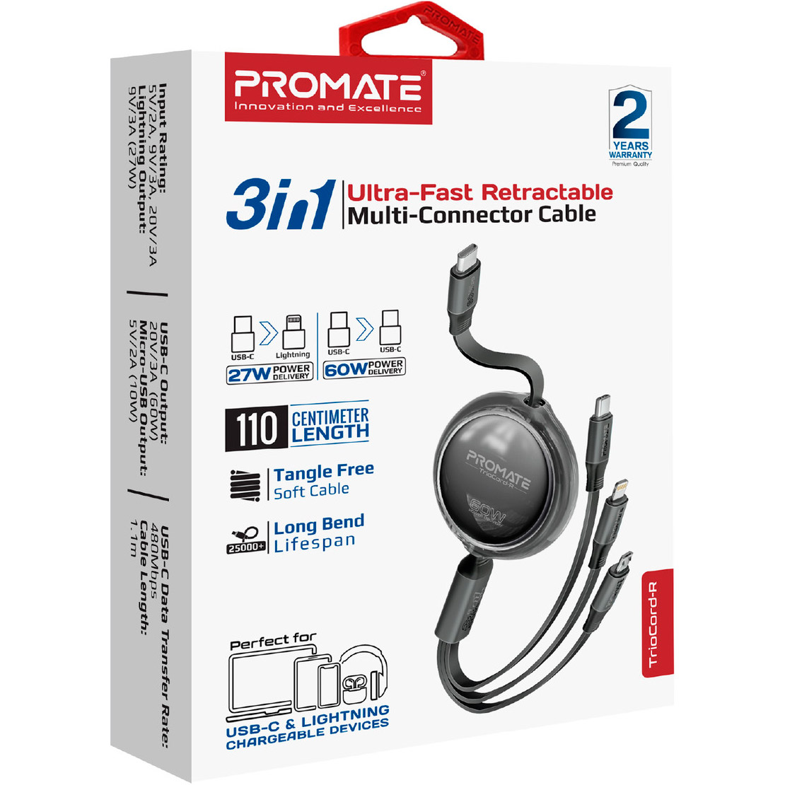 Кабель PROMATE TrioCord-R 3-in-1 USB-C to USB-C/Lightning/Micro-USB PD 60W 1.1м Black