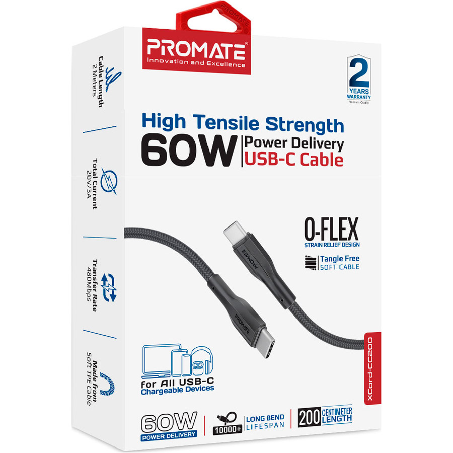 Кабель PROMATE XCord-CC200 USB-C to USB-C PD 60W 2м Black