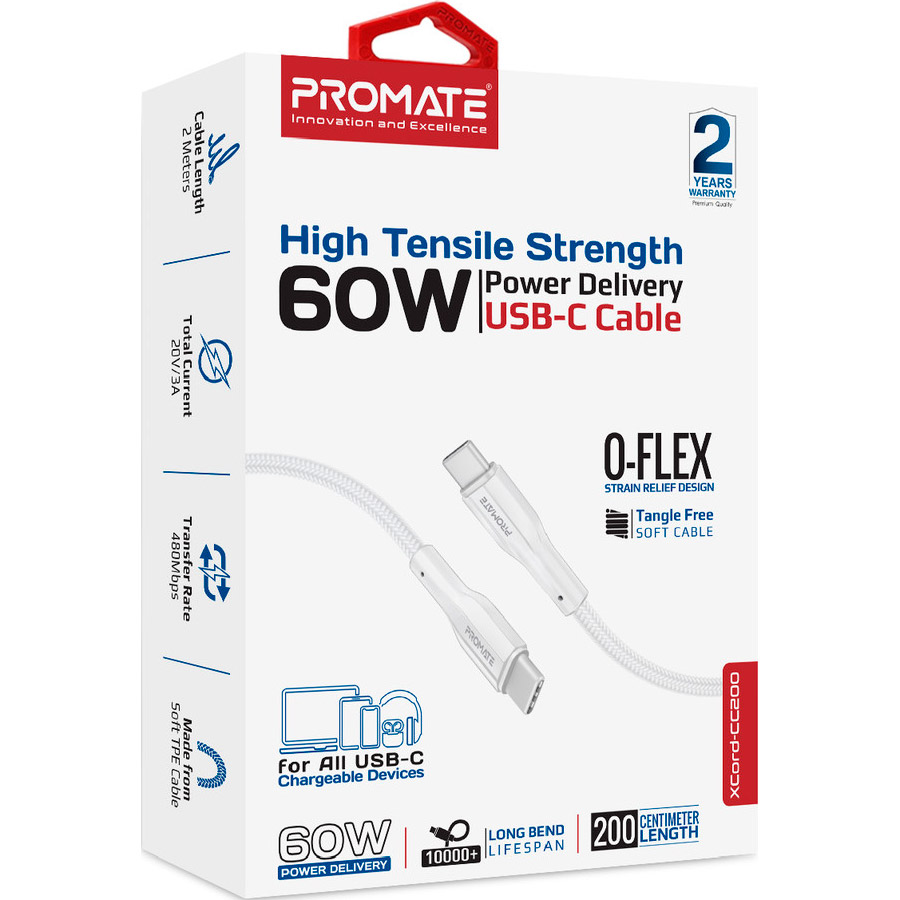Кабель PROMATE XCord-CC200 USB-C to USB-C PD 60W 2м White