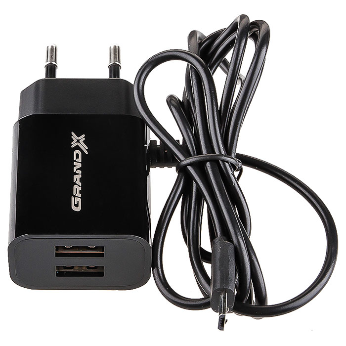 Зарядний пристрій GRAND-X CH-35 2xUSB-A, 2.1A Black w/Micro-USB cable (CH-35B)