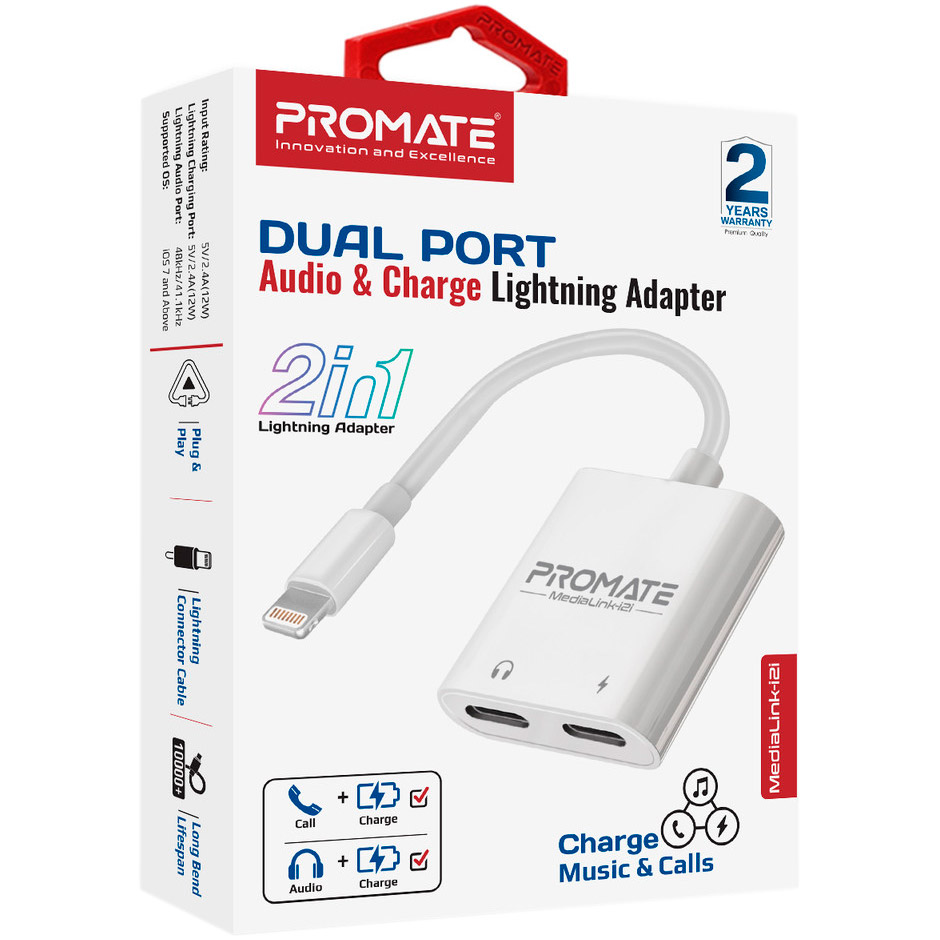 Адаптер PROMATE MediaLink-I2i Dual Port Audio and Charge Lightning Adapter White