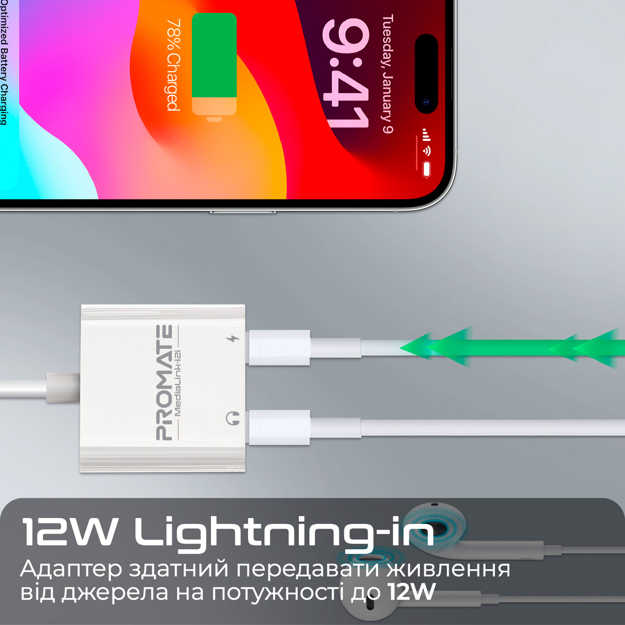 Адаптер PROMATE MediaLink-I2i Dual Port Audio and Charge Lightning Adapter White