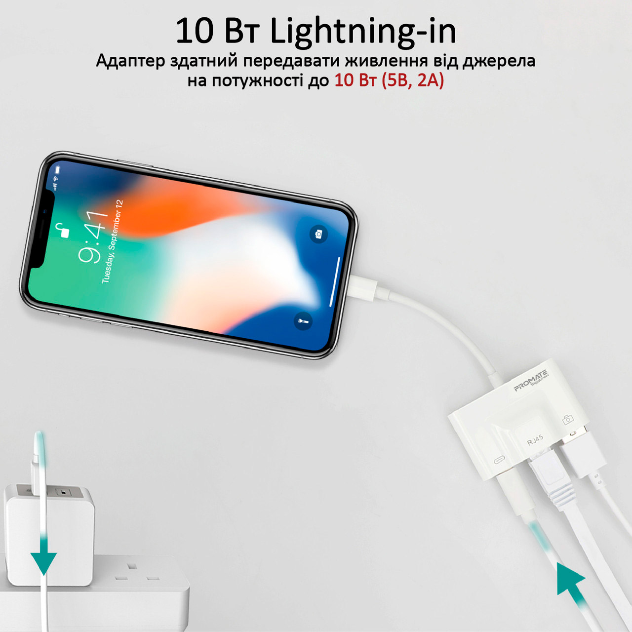 Сетевой адаптер с USB-хабом PROMATE GigaLink-I 3-in-1 High Speed OTG Lightning Hub White