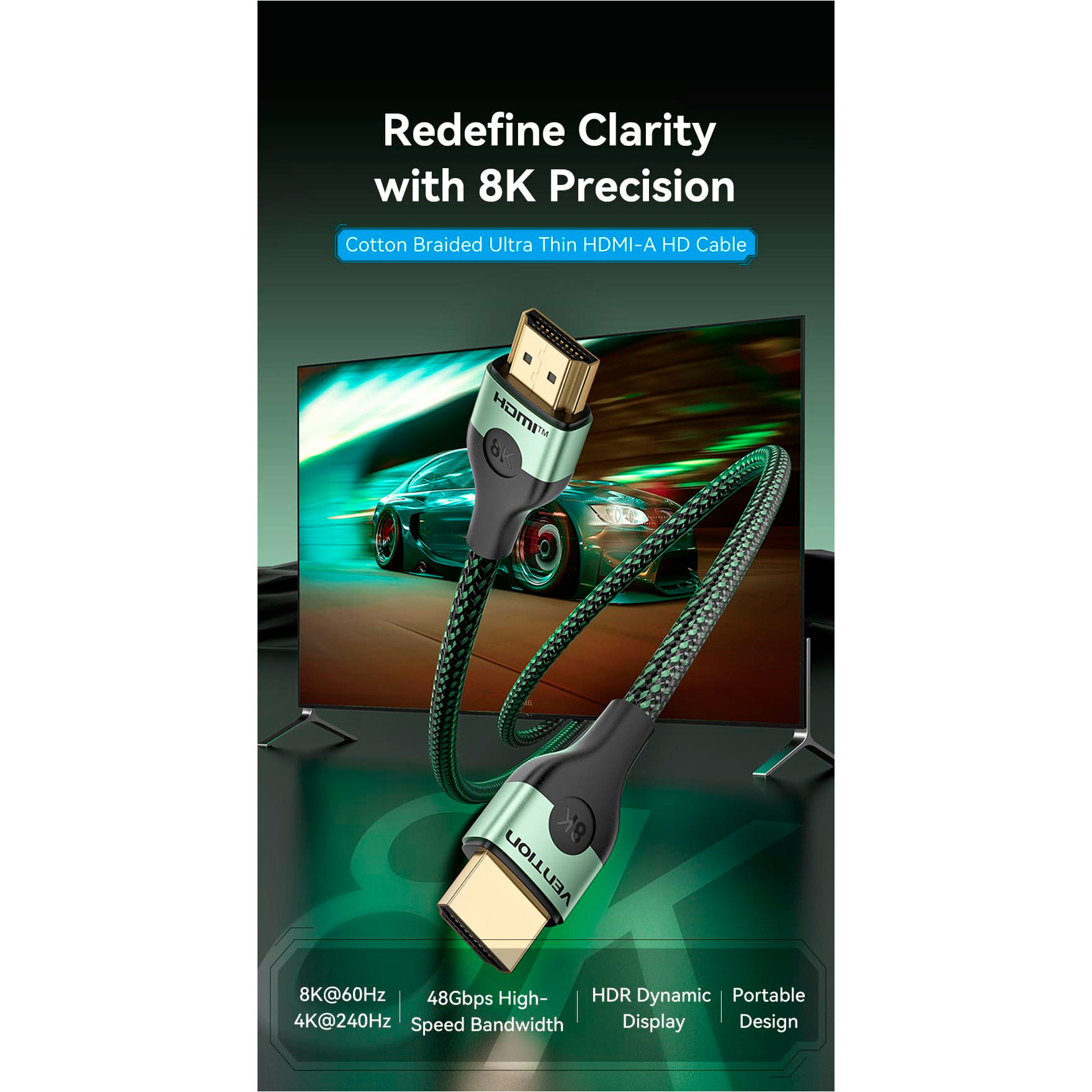 Кабель VENTION Cotton Braided Ultra Thin 8K High-Definition Cable HDMI v2.1 2м Green (ALOGH)