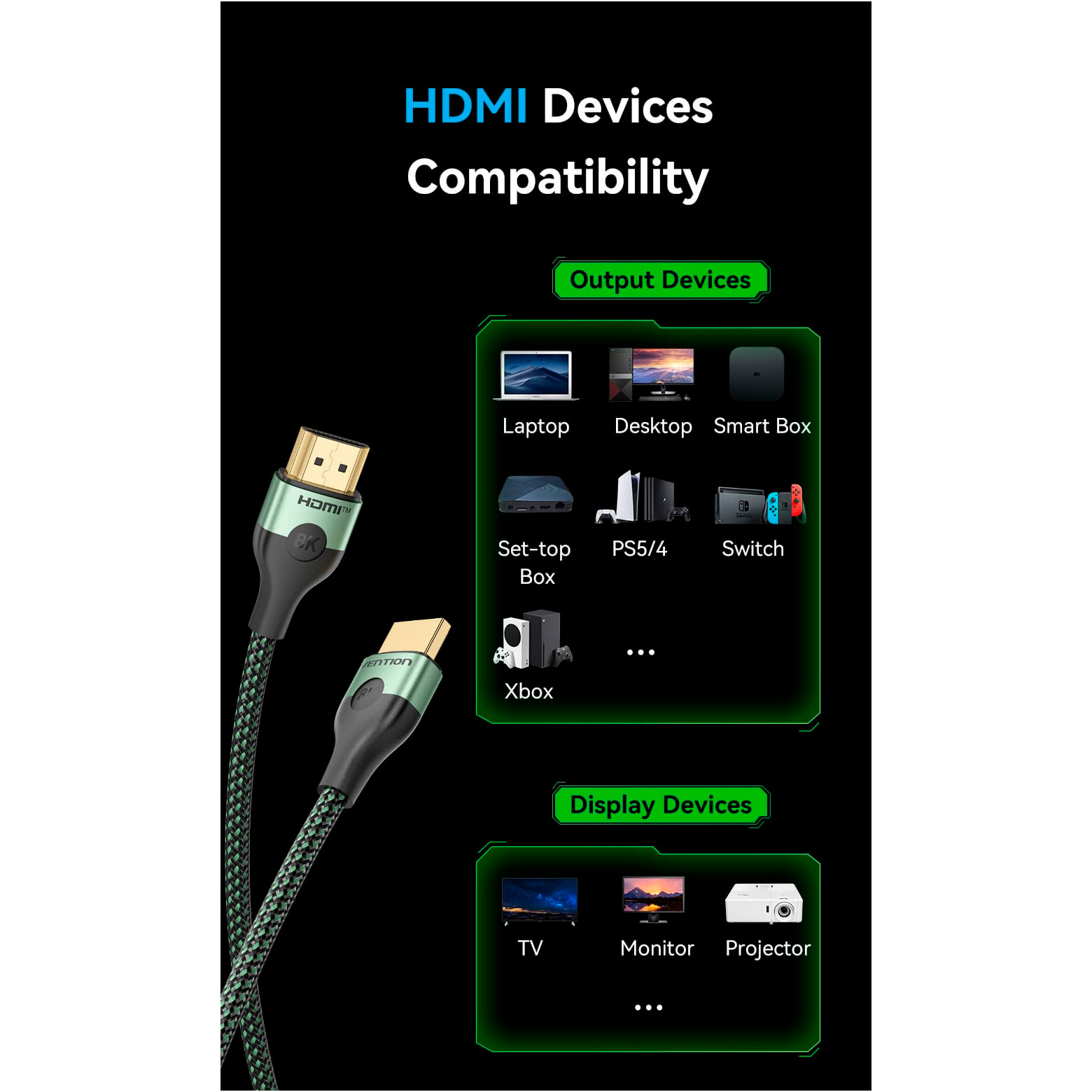 Кабель VENTION Cotton Braided Ultra Thin 8K High-Definition Cable HDMI v2.1 2м Green (ALOGH)