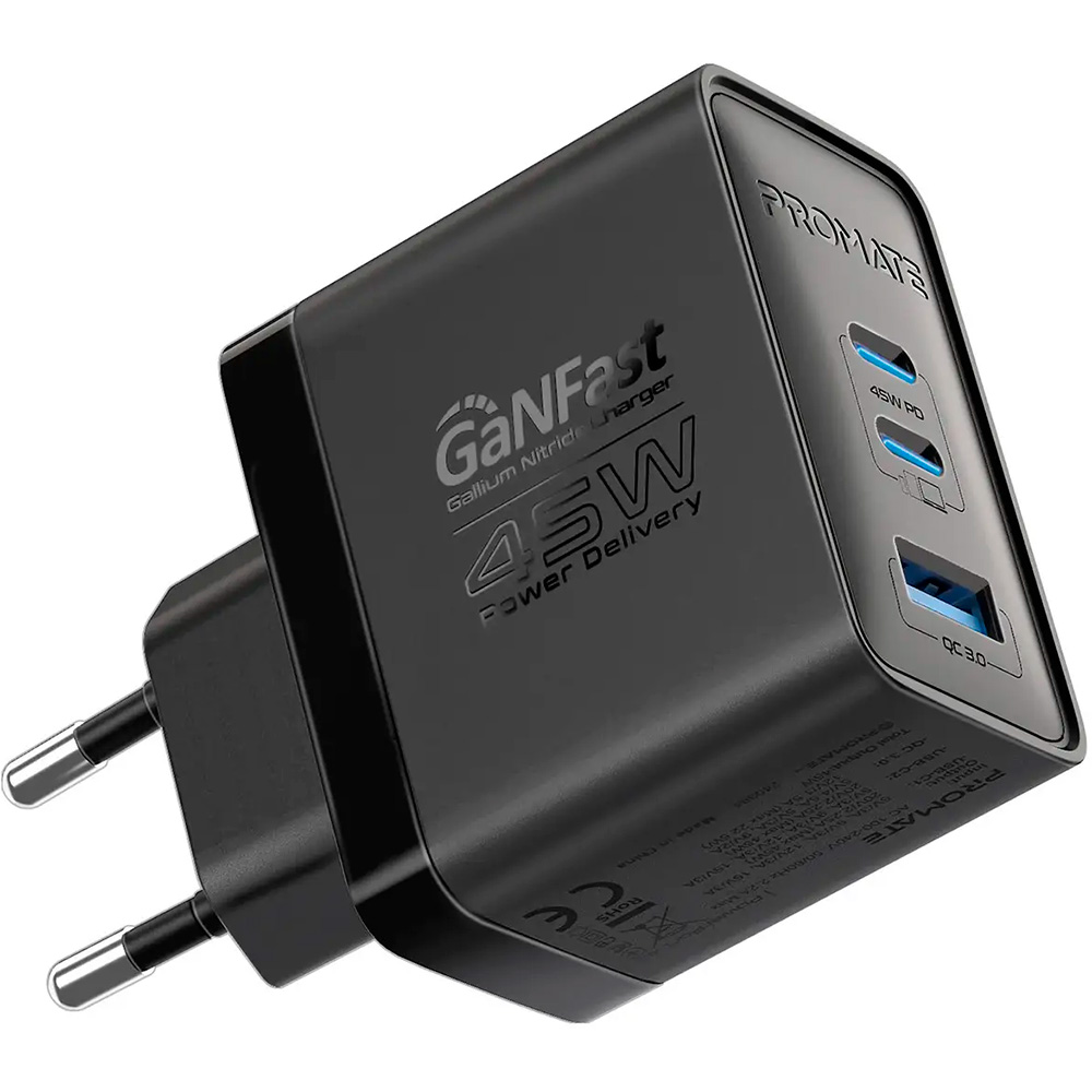 Зарядное устройство PROMATE PowerPort-45 1xUSB-A, 2xUSB-C, QC3.0, PD3.0, 45W GaNFast Black