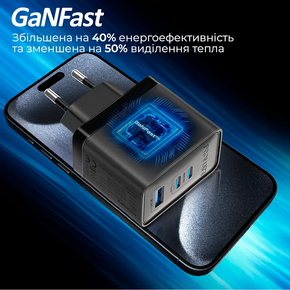 Зарядное устройство PROMATE PowerPort-45 1xUSB-A, 2xUSB-C, QC3.0, PD3.0, 45W GaNFast Black
