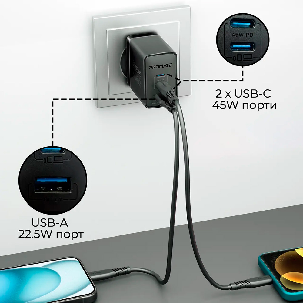 Зарядное устройство PROMATE PowerPort-45 1xUSB-A, 2xUSB-C, QC3.0, PD3.0, 45W GaNFast Black