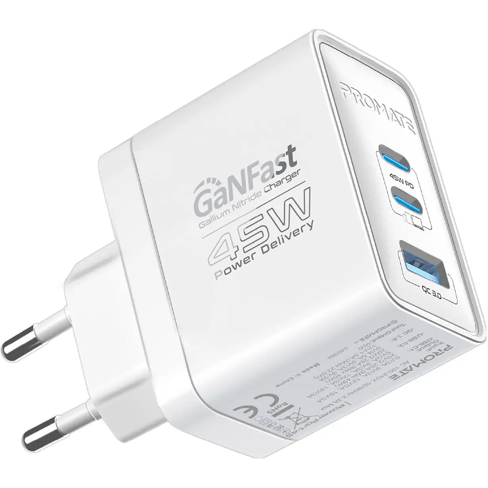 Зарядний пристрій PROMATE PowerPort-45 1xUSB-A, 2xUSB-C, QC3.0, PD3.0, 45W GaNFast White