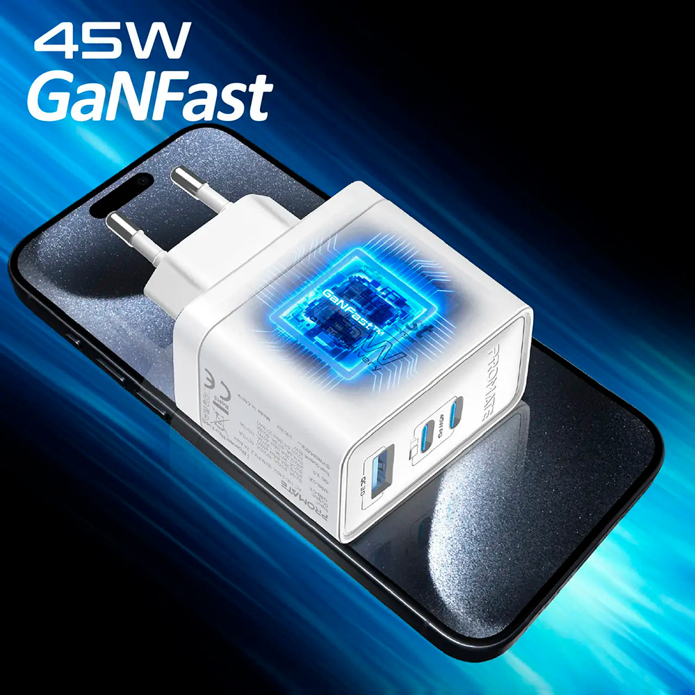 Зарядний пристрій PROMATE PowerPort-45 1xUSB-A, 2xUSB-C, QC3.0, PD3.0, 45W GaNFast White
