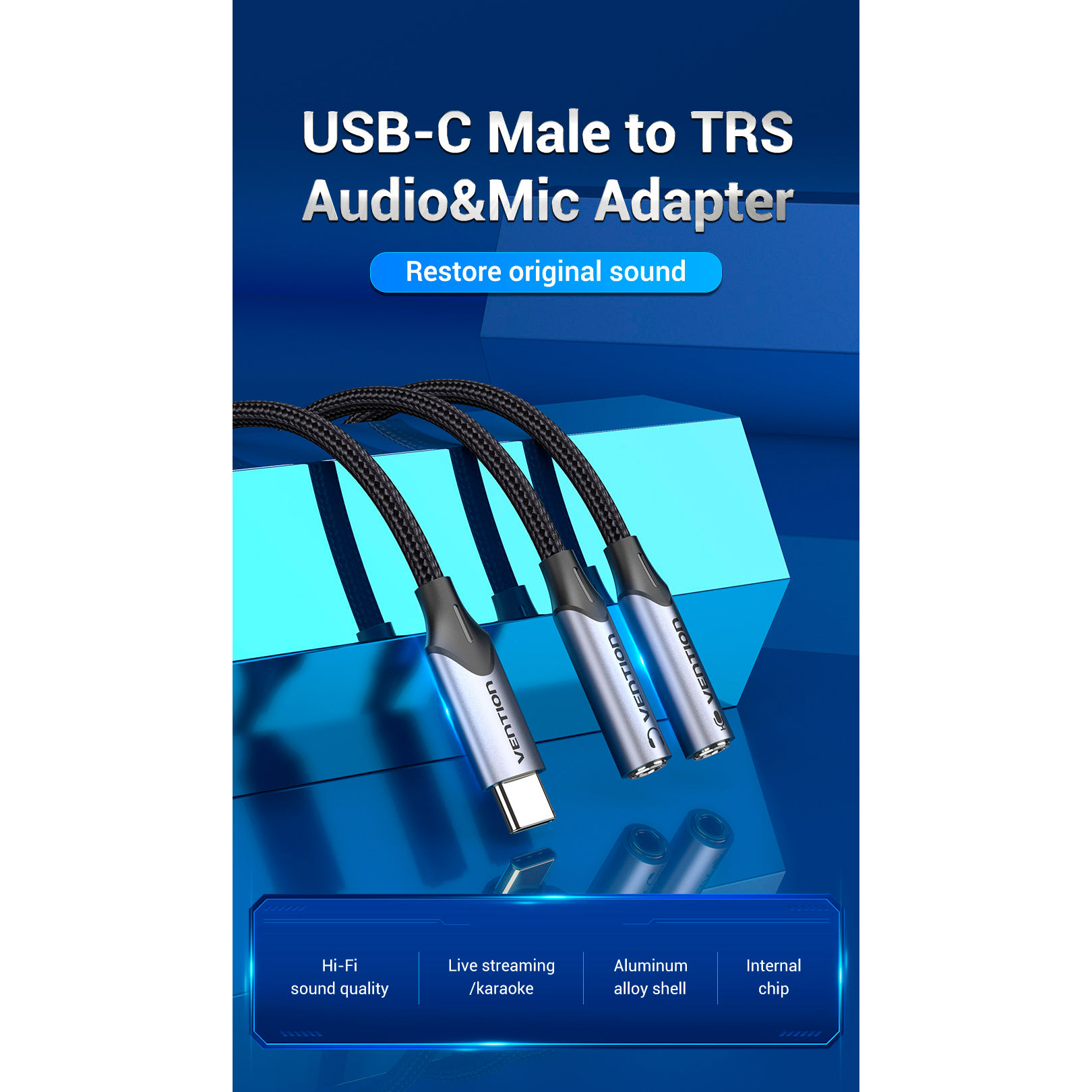 Кабель VENTION TRS Audio & Mic Jack Splitter Cable USB-C to 3.5mm 0.3м Black (BGPHY)