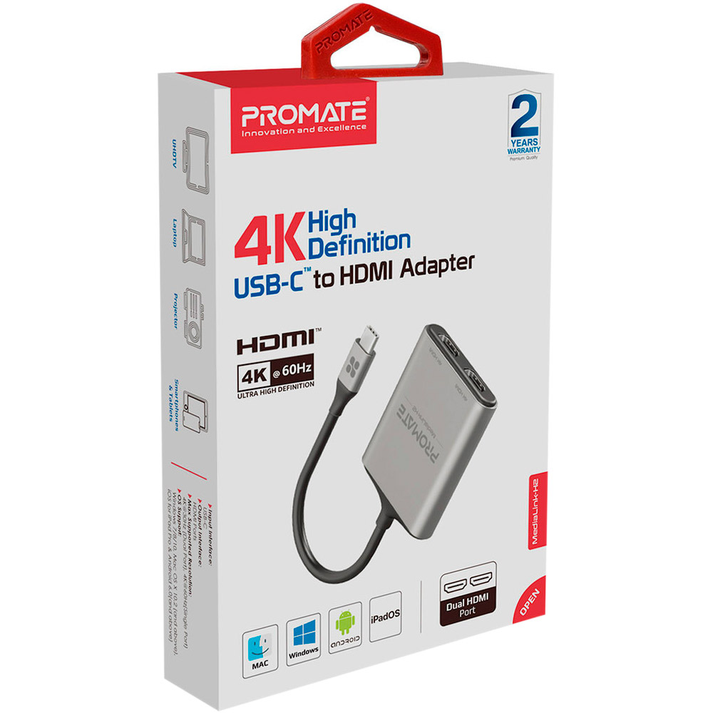 Адаптер PROMATE MediaLink-H2 4K USB-C - 2xHDMI Gray