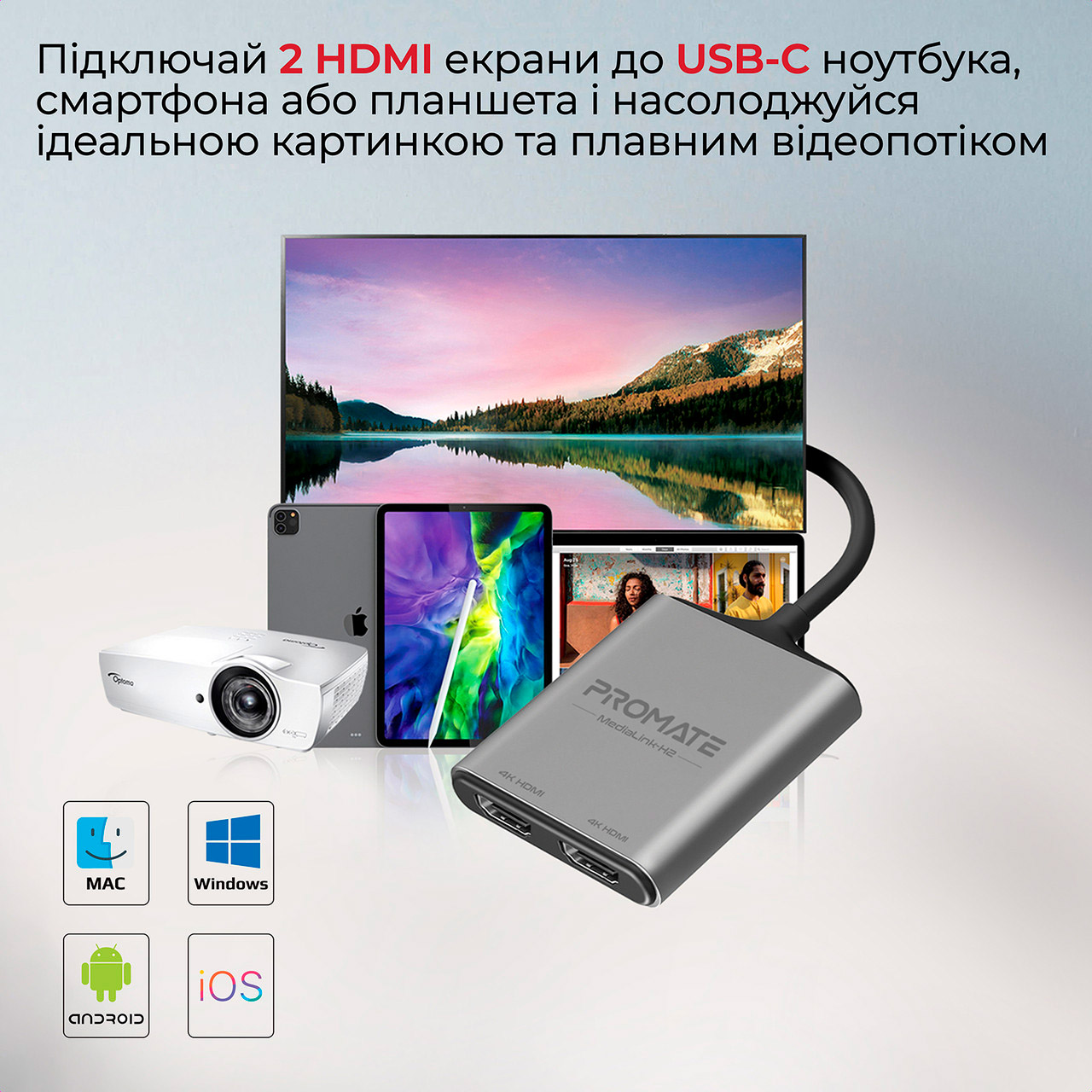 Адаптер PROMATE MediaLink-H2 4K USB-C - 2xHDMI Gray