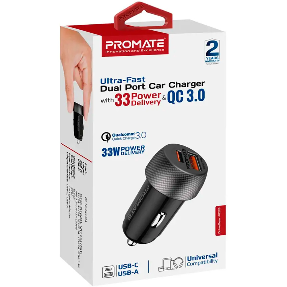 Автомобільний зарядний пристрій PROMATE DriveGear-PD33 1xUSB-A, 1xUSB-C, QC3.0, 33W Car Charger Black