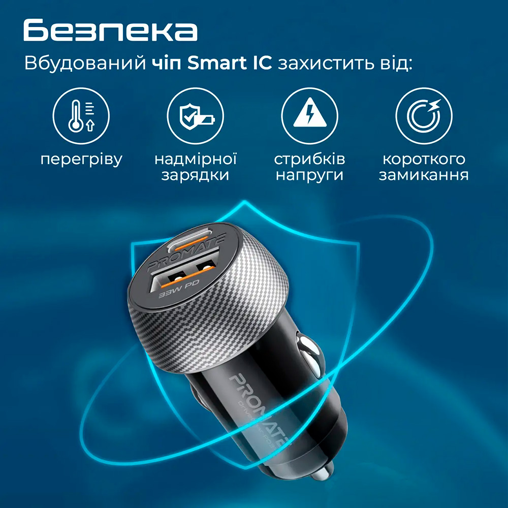 Автомобільний зарядний пристрій PROMATE DriveGear-PD33 1xUSB-A, 1xUSB-C, QC3.0, 33W Car Charger Black