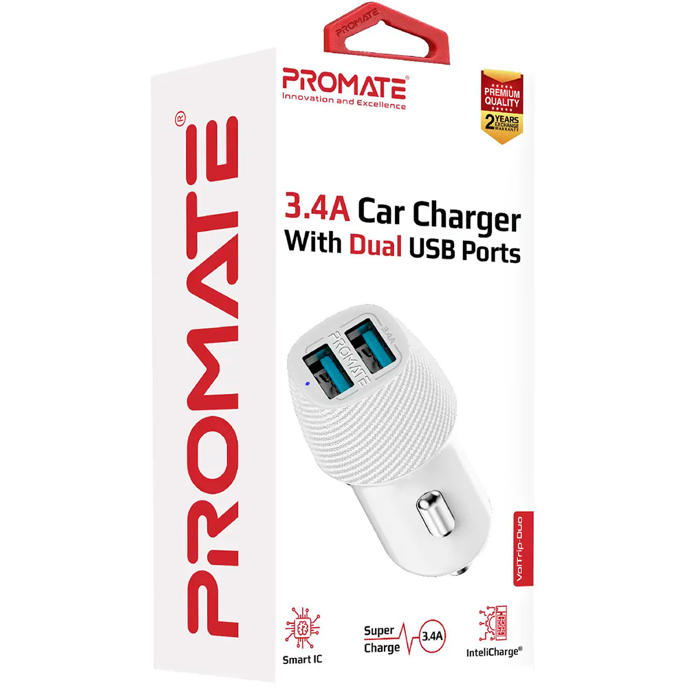 Автомобільний зарядний пристрій PROMATE VolTrip-Duo 2xUSB-A, 3.4A Car Charger White