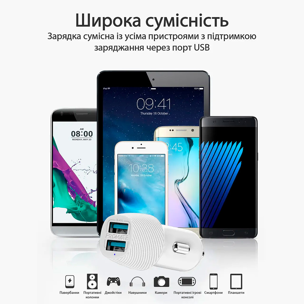 Автомобільний зарядний пристрій PROMATE VolTrip-Duo 2xUSB-A, 3.4A Car Charger White