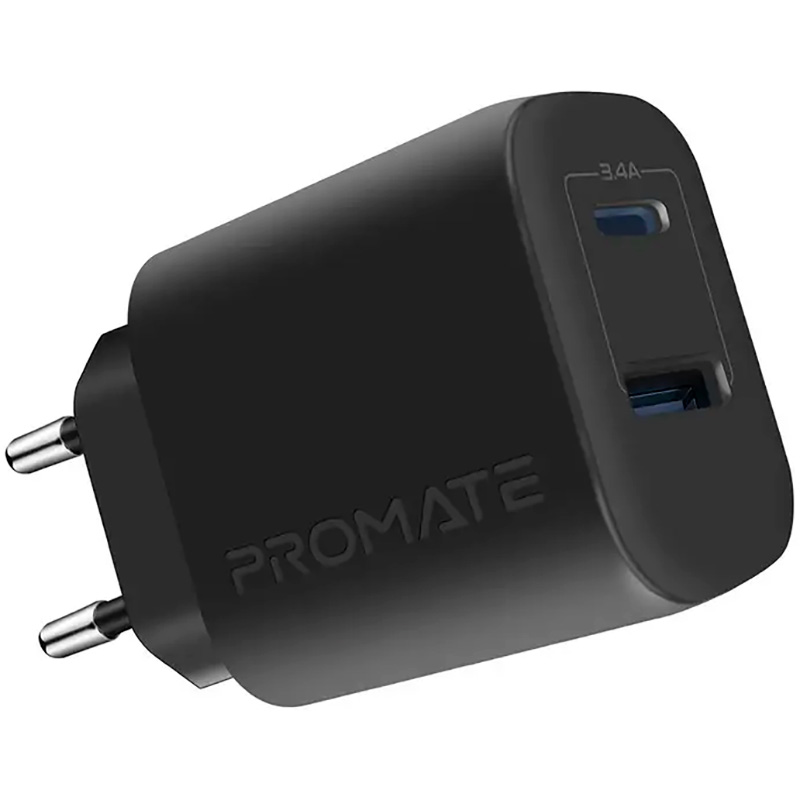 Зарядний пристрій PROMATE BiPlug-2 1xUSB-A, 1xUSB-C, QC3.0 17W Wall Charger Black