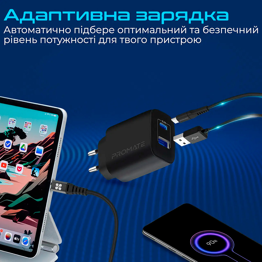 Зарядний пристрій PROMATE BiPlug-2 1xUSB-A, 1xUSB-C, QC3.0 17W Wall Charger Black