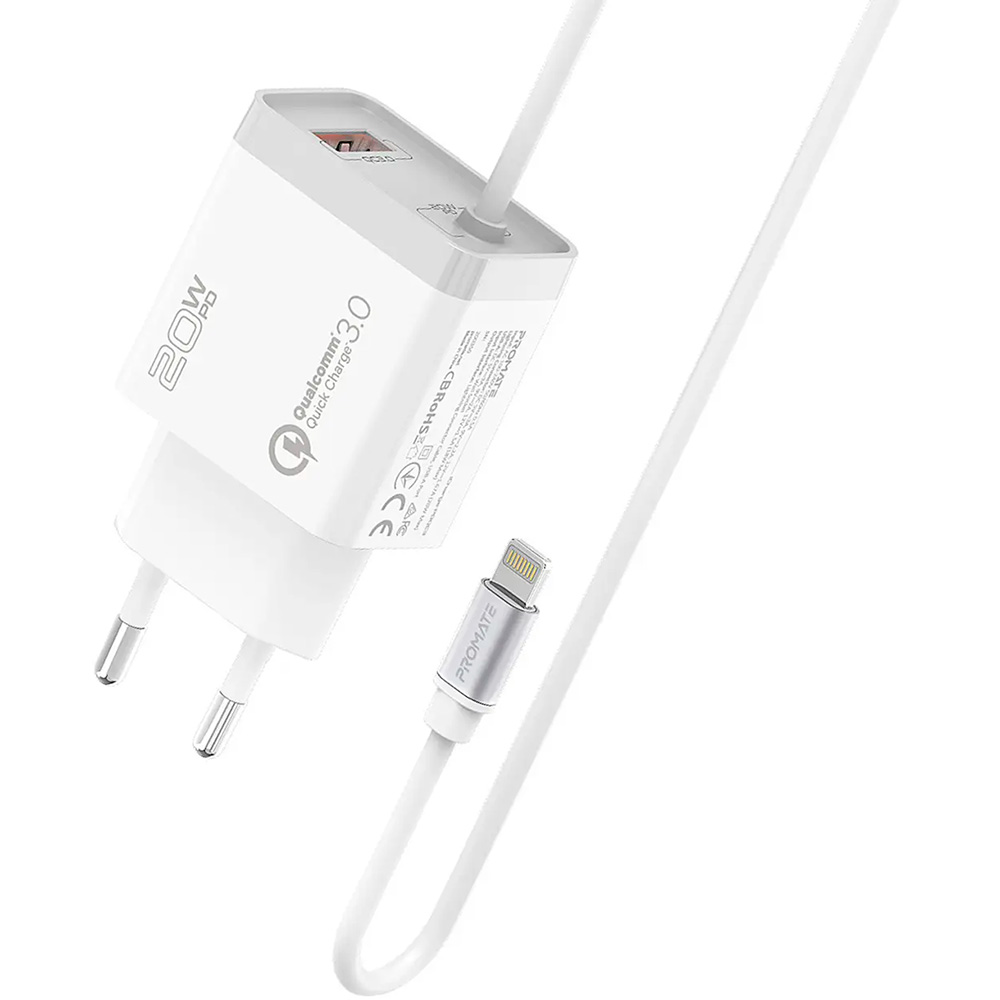 Зарядний пристрій PROMATE iCharge-PDQC3 1xUSB-A, PD20W, QC3.0 White w/Lightning cable