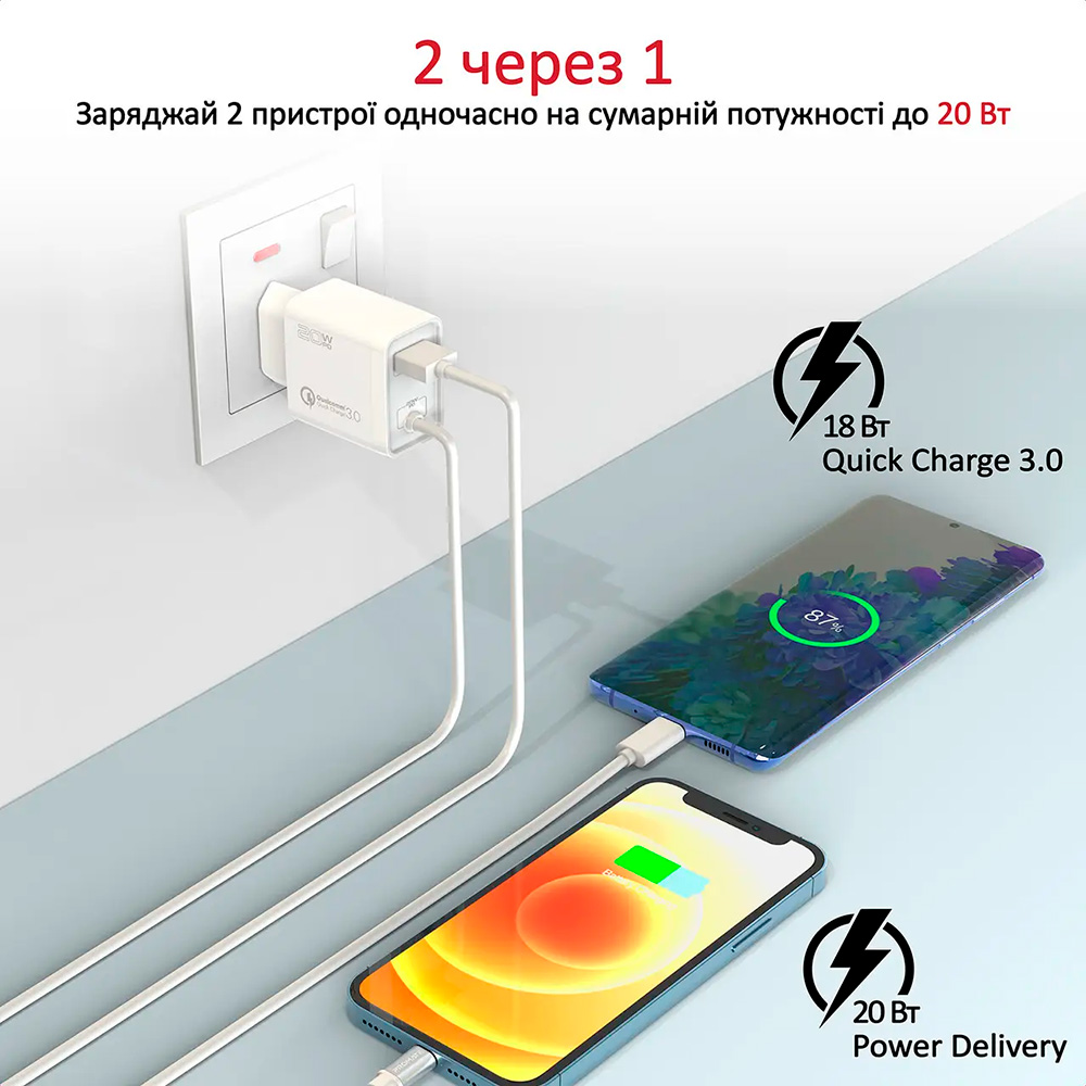 Зарядний пристрій PROMATE iCharge-PDQC3 1xUSB-A, PD20W, QC3.0 White w/Lightning cable