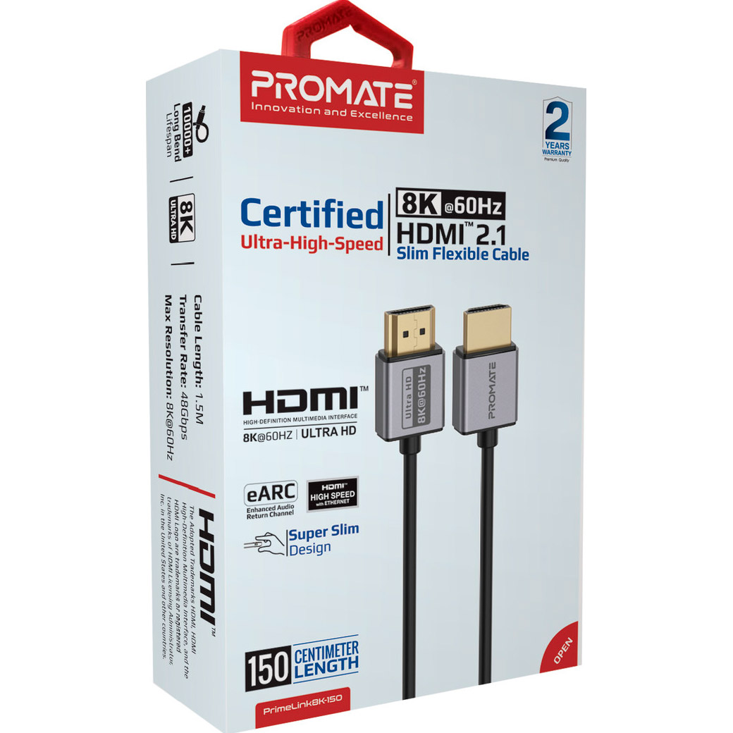 Кабель PROMATE PrimeLink Certified Ultra-High-Speed 8K@60Hz HDMI v2.1 1.5м Slim Flexible Black/Gray