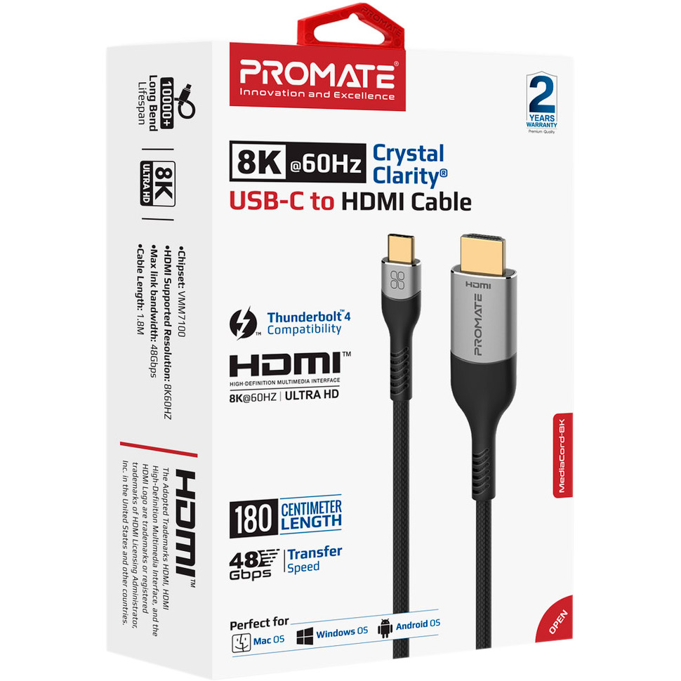 Кабель PROMATE MediaCord 8K@60Hz Crystal Clarity USB-C to HDMI 1.8м Black/Gray