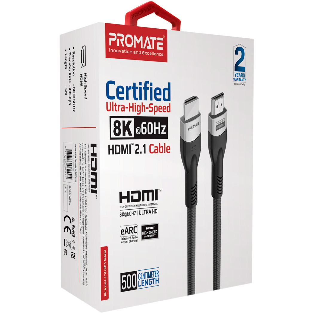 Кабель PROMATE PrimeLink Certified Ultra-High-Speed 8K@60Hz HDMI v2.1 5м Black/Gray