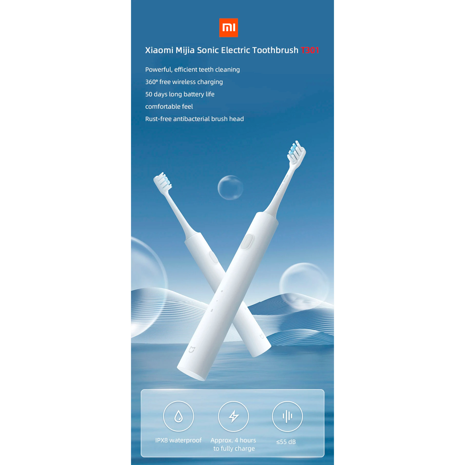 Електрична зубна щітка Xiaomi MIJIA Sonic Electric Toothbrush T301 White (MES605)