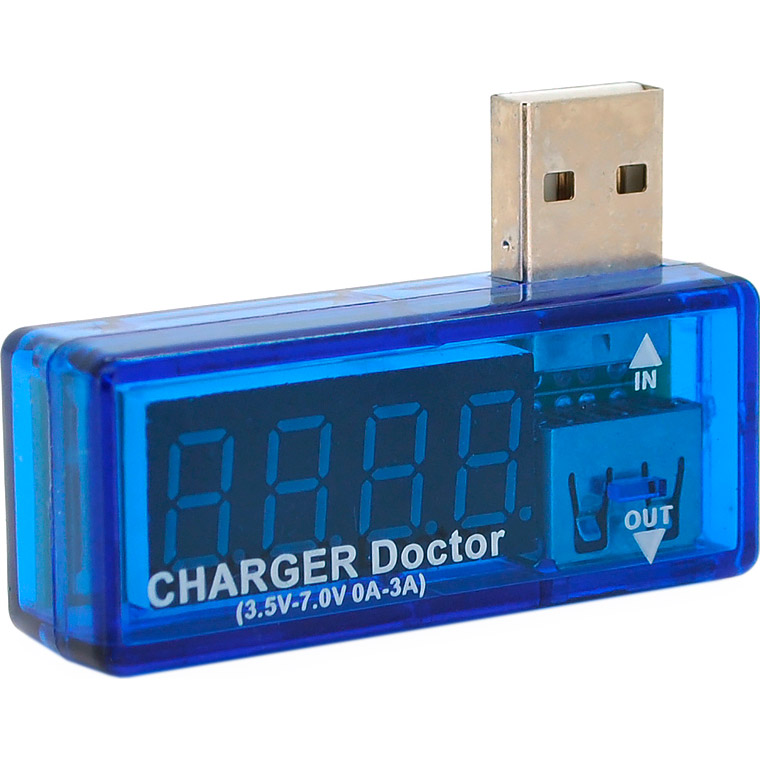 USB тестер CHARGER DOCTOR напряжения (3-7.5V) и тока (0-2.5A) Blue, загнутый