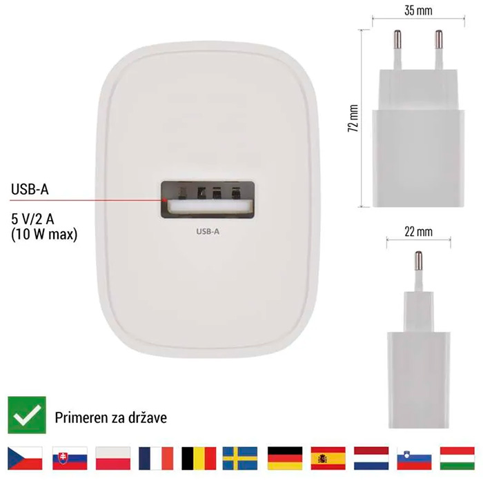 Зарядное устройство EMOS V01B10 1xUSB-A 10W White