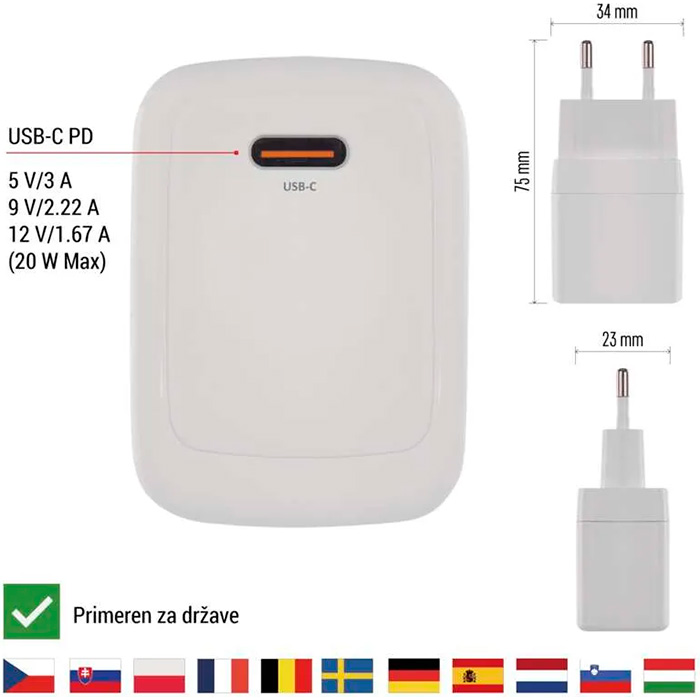 Зарядное устройство EMOS V01G20 1xUSB-C, PD20W, GaN Charger White
