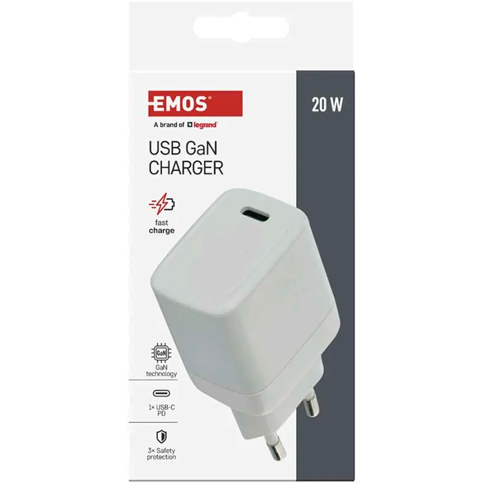Зарядное устройство EMOS V01G20 1xUSB-C, PD20W, GaN Charger White