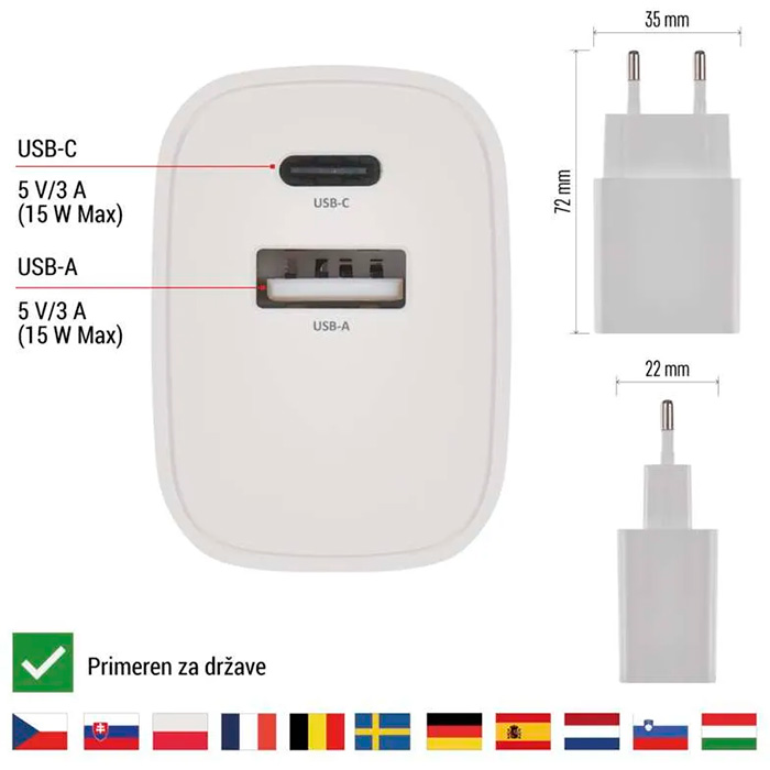 Зарядное устройство EMOS V02B15 1xUSB-A, 1xUSB-C, 15W, GaN Charger White