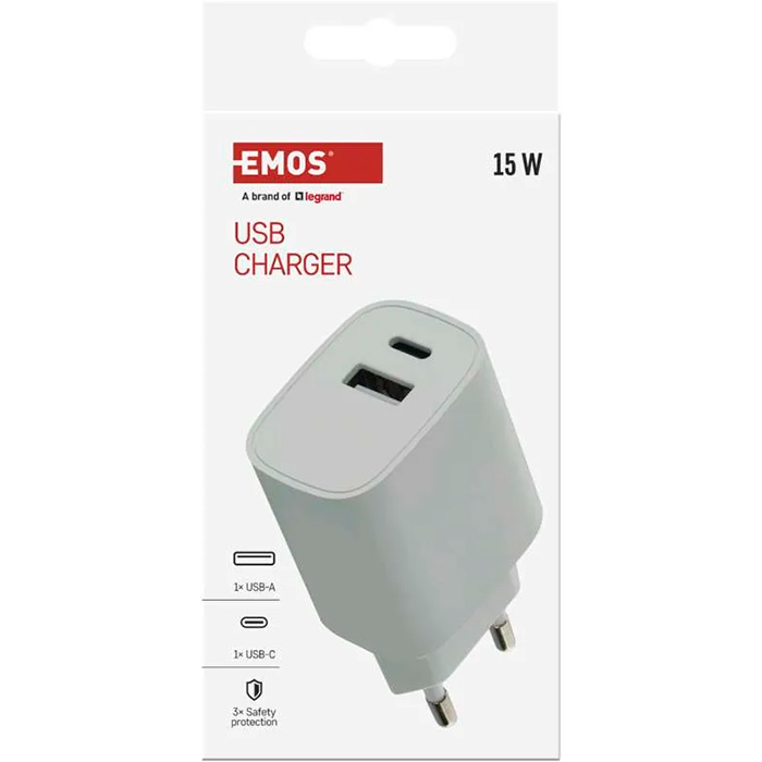 Зарядное устройство EMOS V02B15 1xUSB-A, 1xUSB-C, 15W, GaN Charger White