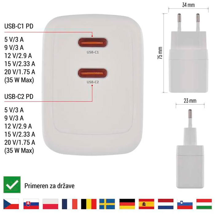 Зарядное устройство EMOS V03G35 2xUSB-C, 35W GaN Charger White
