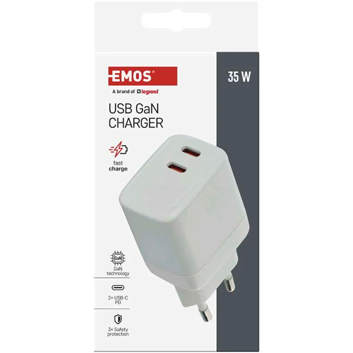 Зарядное устройство EMOS V03G35 2xUSB-C, 35W GaN Charger White