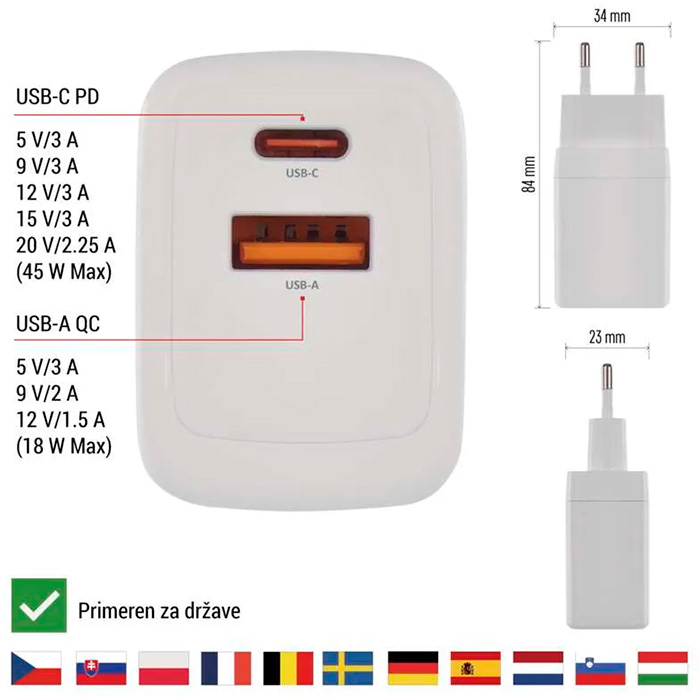 Зарядное устройство EMOS V04G45 1xUSB-A, 1xUSB-C, PD45W, GaN Charger White