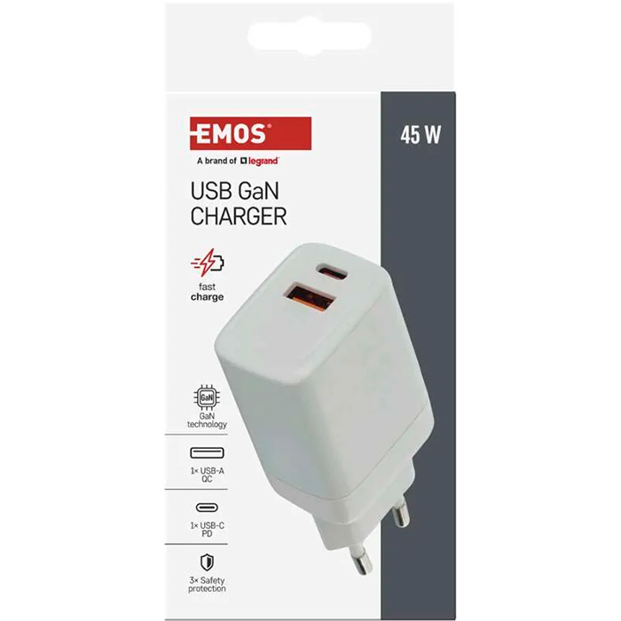 Зарядное устройство EMOS V04G45 1xUSB-A, 1xUSB-C, PD45W, GaN Charger White