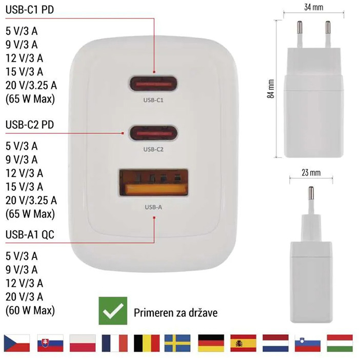 Зарядное устройство EMOS V05G65 1xUSB-A, 2xUSB-C, PD65W, GaN Charger White