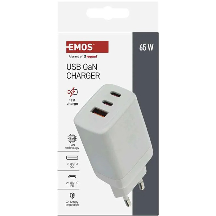 Зарядное устройство EMOS V05G65 1xUSB-A, 2xUSB-C, PD65W, GaN Charger White
