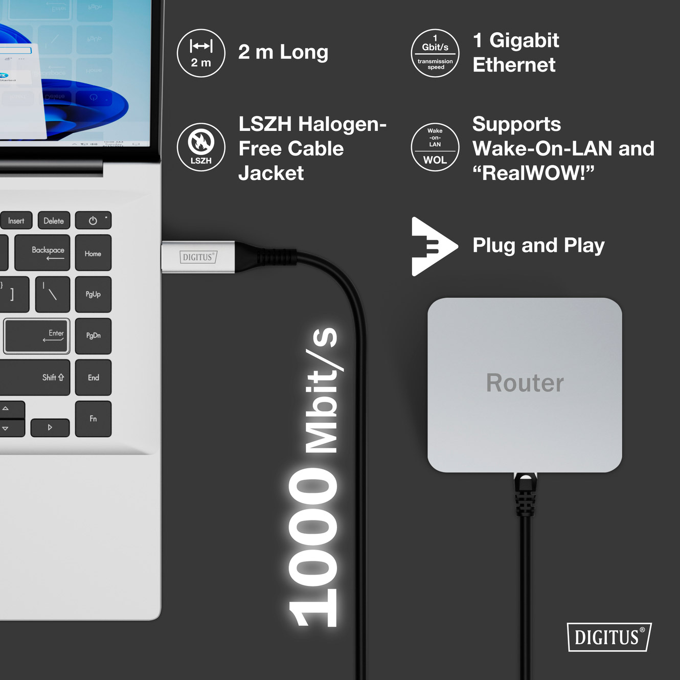 Кабель-адаптер USB-A to RJ-45 Gigabit Ethernet DIGITUS SSTP Cat.6a CU 2м Black (AK-300600-020-S)