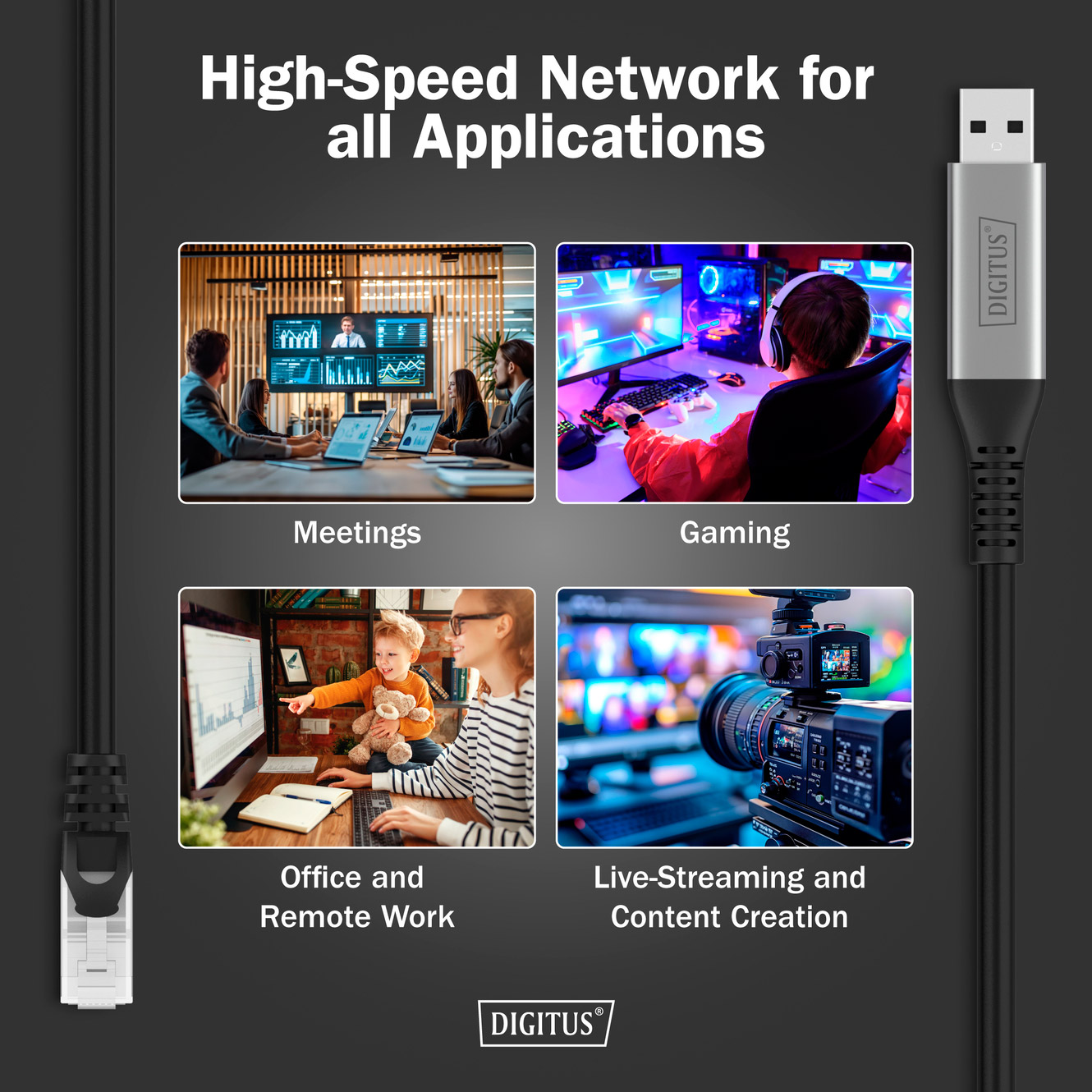 Кабель-адаптер USB-A to RJ-45 Gigabit Ethernet DIGITUS SSTP Cat.6a CU 2м Black (AK-300600-020-S)