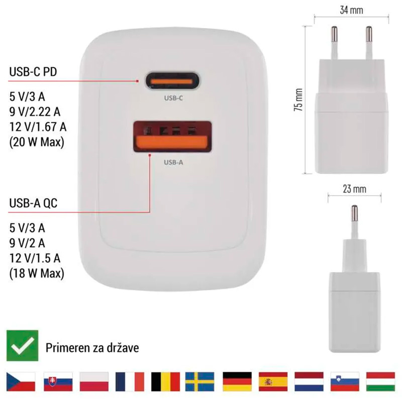 Зарядное устройство EMOS V02G20 1xUSB-A, 1xUSB-C, PD20W, GaN Charger White